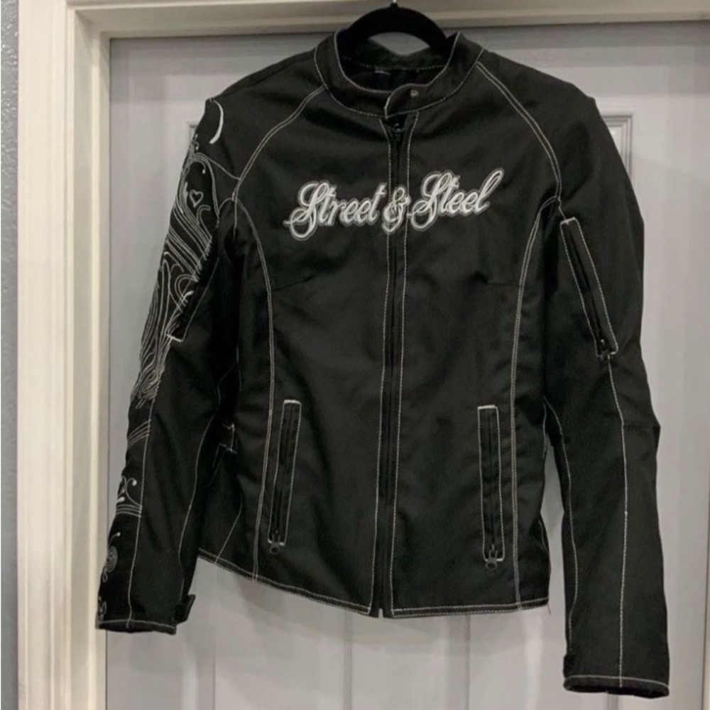 Street Steel Women Jacket Black Motorcycle Back Shoulder Arm Padded Skid - Small
